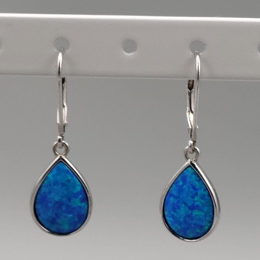 Sterling Silver Blue Teardrop Created Opal Element Drop Dangle Earrings